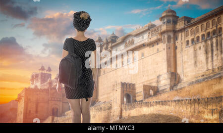 Amber Fort . girl tourist travels in Jaipur, India. Stock Photo