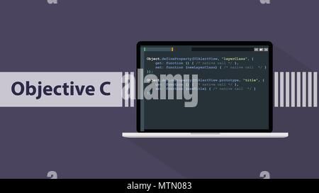objective c programming language with script code on laptop screen vector graphic Stock Vector