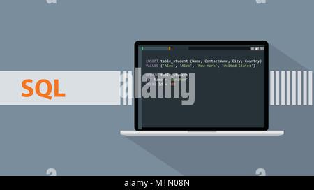 sql structured query languages programming language with script code on laptop screen vector graphic Stock Vector