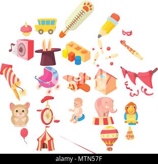 Happy childhood icons set, cartoon style Stock Vector