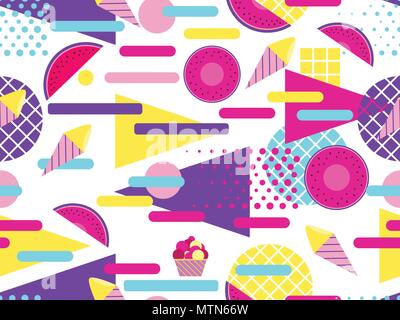 Summer seamless pattern with fruits and ice cream. Geometric elements memphis in the style of 80s. Vector illustration Stock Vector