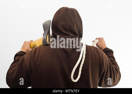 man with ax and rope on his back on white background Stock Photo