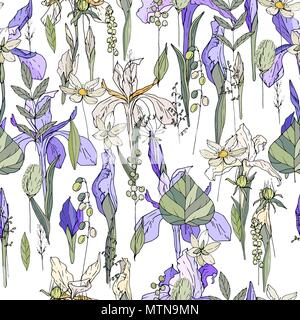 Seamless pattern with iris and herbs. Endless texture for your design Stock Vector
