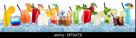 row of various colorful cocktails and long drink beverages in crushed ice cubes isolated on white background Stock Photo