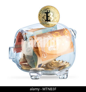 golden bitcoin crypto currency on transparent see through piggy bank filled with euro coins and notes isolated on white background investment financia Stock Photo