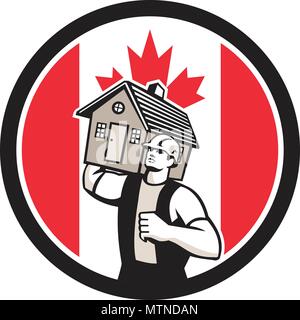 Icon retro style illustration of a Canadian house removal or mover carrying a house with Canada maple leaf flag set inside circle on isolated backgrou Stock Vector