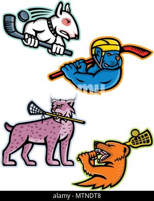 Mascot icon illustration set of  lacrosse and ice hockey sporting sports team mascots like an bull terrier and American bully dog ice hockey player, l Stock Vector