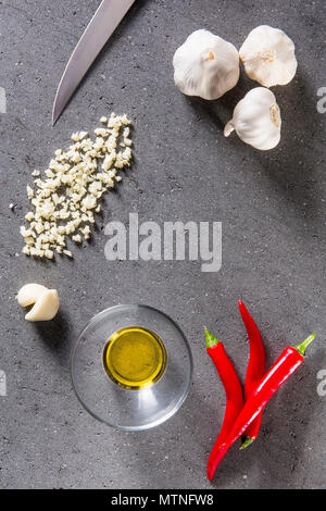 Ingredients for preparation of pasta Aglio, olio e peperoncino Stock Photo
