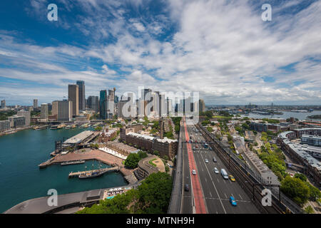 View of Sydney central business district and the harbour from Harbour Bridge, Sydney, NSW, Australia Stock Photo