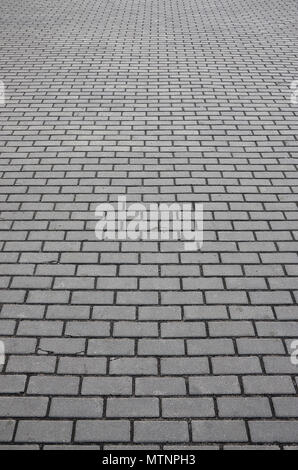 Photo of the site from the old paving slab with small defects and cracks, leaving in perspective. Street coverage of pedestrian areas and paths in par Stock Photo