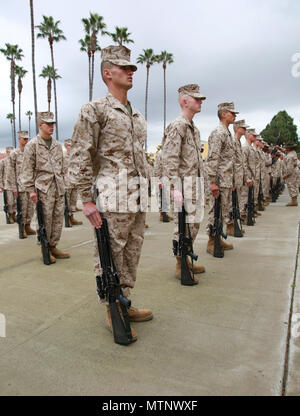 Recruits from Echo Company, 2nd Recruit Training Battalion, stand at attention during a series commander’s inspection at Marine Corps Recruit Depot San Diego, Jan. 10. During the inspection, recruits are tested on every subject they have been taught during training. Annually, more than 17,000 males recruited from the Western Recruiting Region are trained at MCRD San Diego. Echo Company is scheduled to graduate Feb. 10. Stock Photo