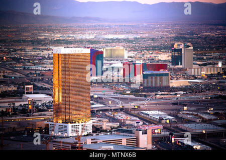 LAS VEGAS, NEVADA - MAY 15, 2018: View of world famous Las Vegas seen from above with many luxury resort casino hotels in view. Stock Photo