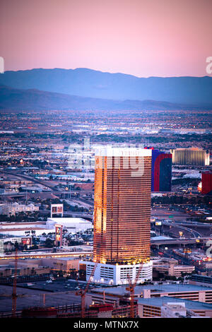 LAS VEGAS, NEVADA - MAY 15, 2018: View of world famous Las Vegas seen from above with many luxury resort casino hotels in view. Stock Photo