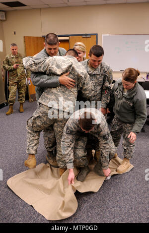 Nebraska Army and Air National Guard students engaged in a decision-making exercise during the Leadership Enrichment and Development (LEAD) training course at Offutt Air Force Base, Bellevue, Nebraska, January 11-12, 2017. The task involved flipping a tarp while remaining on it, which emphasized collaborative problem-solving, communication, leadership, teamwork, and strategic planning. This practical exercise enhanced critical thinking, unit coordination, and reinforced leadership principles in a controlled training environment for both Army and Air National Guard members. Stock Photo