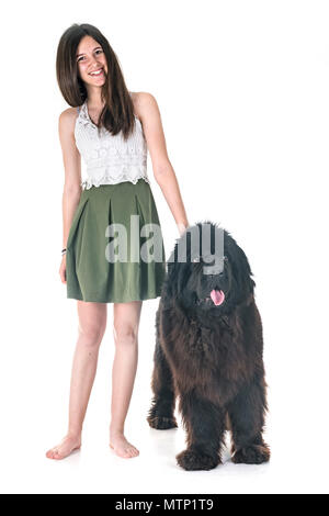 newfoundland dog and woman in front of white background Stock Photo