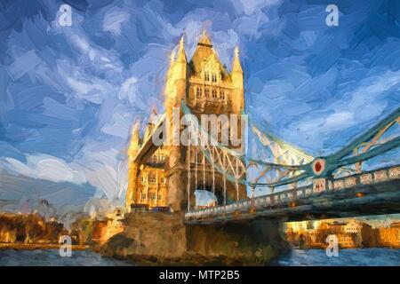Digital art painting of an original photo of the Tower bridge of London at sunset. This oil painting canvas effect produces a beautiful impressionist  Stock Photo
