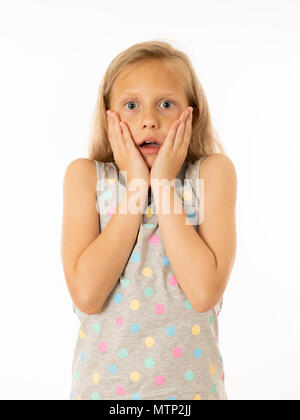 Close up portrait. Cute, scared young kid with a shocked, surprised face with fear. Human emotions, body language and facial expressions. White backgr Stock Photo