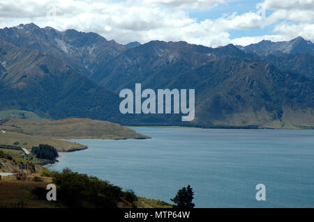 View of Lake Hawea, from State Highway 6, near Queenstown, South Island, New Zealand. Stock Photo