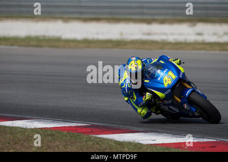 Spain's Aleix Espargaro astride his Suzuki GSXRR factory bike at the official MotoGP winter test at Sepang circuit in Malaysia. Stock Photo