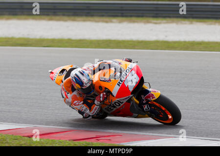 Spain's Dani Pedrosa astride his Repsol Honda RCV factory bike at the official MotoGP winter test at Sepang circuit in Malaysia. Stock Photo