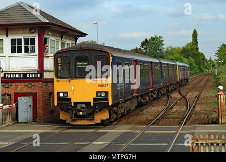 150127 running wrong line back into Parbold 20.5.18. Northern train unit no 150127 reverses back into the station at Parbold on the 20.5.18. Stock Photo