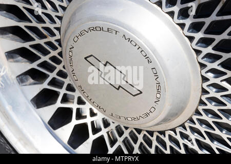 KHARKIV, UKRAINE - 27 MAY, 2018: The emblem of the car is a retro old Chevrolet close-up. Stock Photo