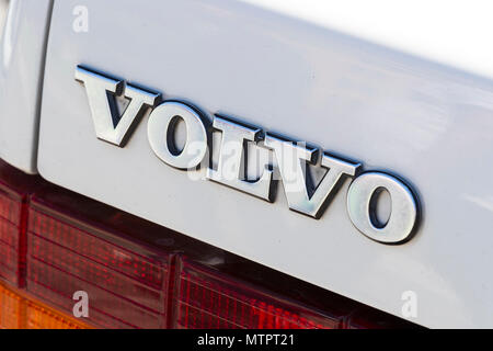 KHARKIV, UKRAINE - 27 MAY, 2018: The emblem of the car is a retro old Volvo close-up. Stock Photo