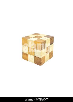 Wooden cube brain teaser on white background Stock Photo