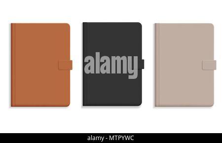 Set of diary or notebook in hard leather cover, black and brown and champagne color - vector Stock Vector