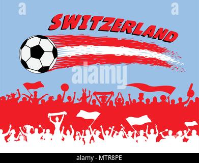 Switzerland flag colors with soccer ball and Swiss supporters silhouettes. All the objects, brush strokes and silhouettes are in different layers and  Stock Vector