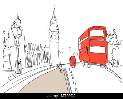 drawing of London Tower street with red bus and Big Ben Stock Vector
