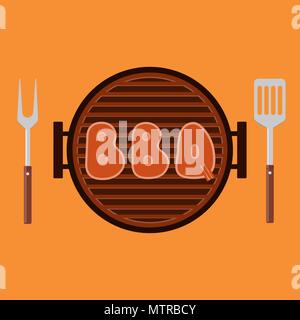 Letters BBQ on the grill. Grilled meat steak on the grid. Barbecue Grill with fork and spatula. Vector illustration flat design. Isolated. Stock Vector