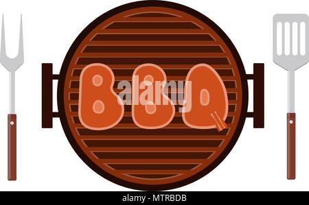 Letters BBQ on the grill. Grilled meat steak on the grid. Barbecue Grill with fork and spatula. Vector illustration flat design. Isolated on white bac Stock Vector