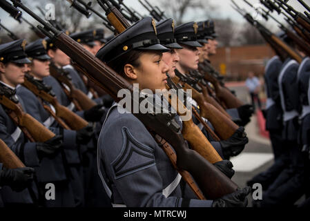 Cadets from West Point U.S. Military Academy march along a practice route on Joint Base Myer-Henderson Hall, Virginia, on Jan. 19 in preparation for the upcoming Presidential Inauguration Parade in Washington, D.C. During rehearsals, U.S. Army Reserve Soldiers practiced with members of the 3rd U.S. Infantry Regiment (The Old Guard), the U.S. Army Field Band, West Point and the D.C. National Guard, which totaled approximately 500 service members and cadets. (U.S. Army Reserve photo by Master Sgt. Michel Sauret) Stock Photo