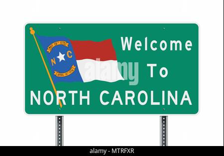 Vector illustration of the Welcome to North Carolina green road sign with North Carolina flag Stock Vector