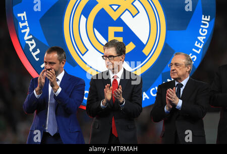 Liverpool owner John W Henry (centre) and Real Madrid President Florentino Perez (right) Stock Photo