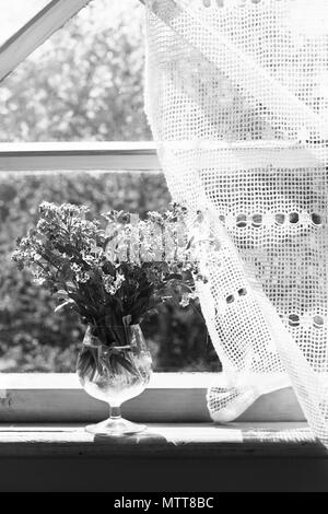 Bouquet of the fresh forget me nots (Myosotis arvensis) in the wineglass on the window sill in the old rustic house. Black and white Stock Photo
