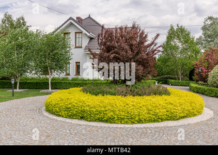 Backyard of a new style villa with a stone path and decorative plants Stock Photo