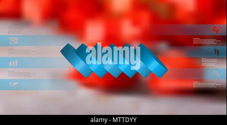 3D illustration infographic template with motif of horizontally sliced cylinder to six blue parts which are spilled. Simple sign and text is in color  Stock Vector
