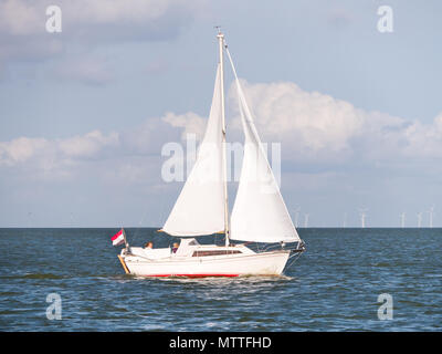 People on sailboat sailing on lake IJsselmeer and wind turbines of wind farm Urk, Netherlands Stock Photo