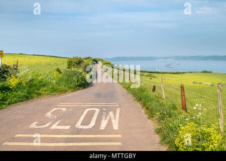 A 'SLOW' sign painted the full width of the carriageway warns the motorist to take extra care when negotiating one of the many narrow winding roads in Stock Photo