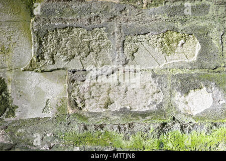 Inside an old derelict vandalised building with paint peeling graffiti and total desolation with broken glass windows and no doors Stock Photo