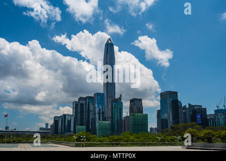 Shenzhen skyline in the business district (Futian) featuring city's tallest building Ping An tower in Shenzhen, China
