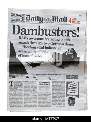 A reproduction of the Daily Mail from 18th May 1943 with the Dambusters headline, reporting Operation Chastise, the raid on the dams in the Ruhr Stock Photo
