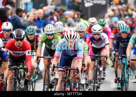 Start of the racing in the elite women's 2018 OVO Energy Tour Series cycle race at Wembley, London, UK. Round 7 bike race. Christine Robson. Starting Stock Photo