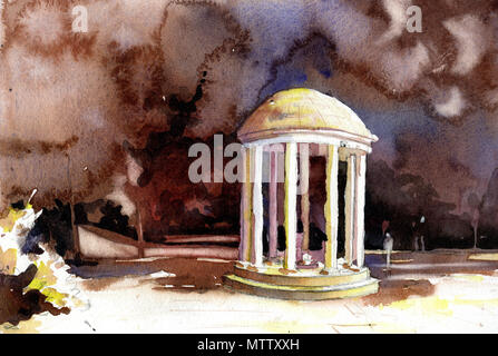 Watercolor painting of Old Well on University of North Carolina (UNC)- Chapel Hill, NC Stock Photo