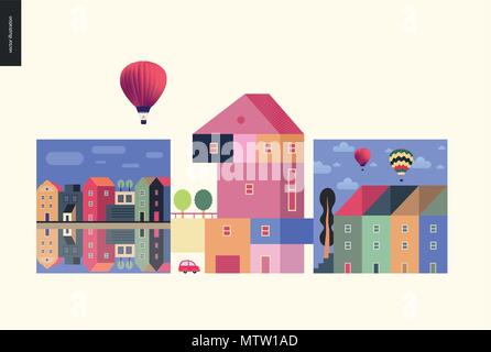 Simple things - houses - flat cartoon vector illustration of colourful countryside house with terrace and trees on it, neighbourhood, row of townhouse Stock Vector