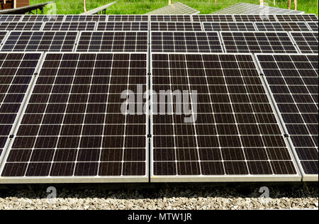 Close-up of large solar panels with focus on the foreground. Cades Cove Tennessee. Stock Photo