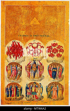 . 9 чинов ангельских/ Icon of Nine orders of angels (Greece, 18 c.?) depicted with an illuminated triangle, a symbol of the Trinity . before 19 c.. anonimous 446 Nine orders of angels Stock Photo
