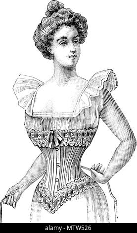 . Français : No. 850 CORSET en moire de soie rose ou noire, baleinage souple, busc 29, du 46 au 66 - prix 12.90 English: CORSET in pink or black silk moire, flexible boning, bone[length] 29[cm], [waist] from 46 to 66[cm] - price 12.90[franc] . 1897. Anonymous 447 No850CORSET en moire de soie rose Stock Photo